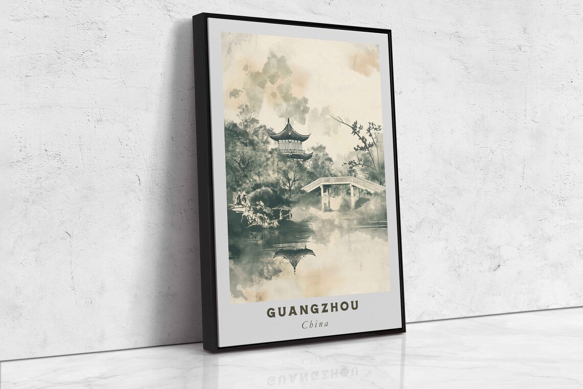 Guangzhou China Misty Pagoda Lake Ink Wash Monochrome Art Poster - Image 2