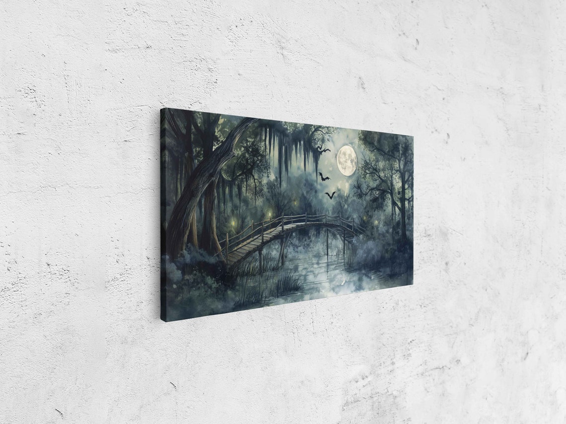 Old Wooden Bridge Moonlit Misty Swamp Foggy Night Halloween Print - Image 4