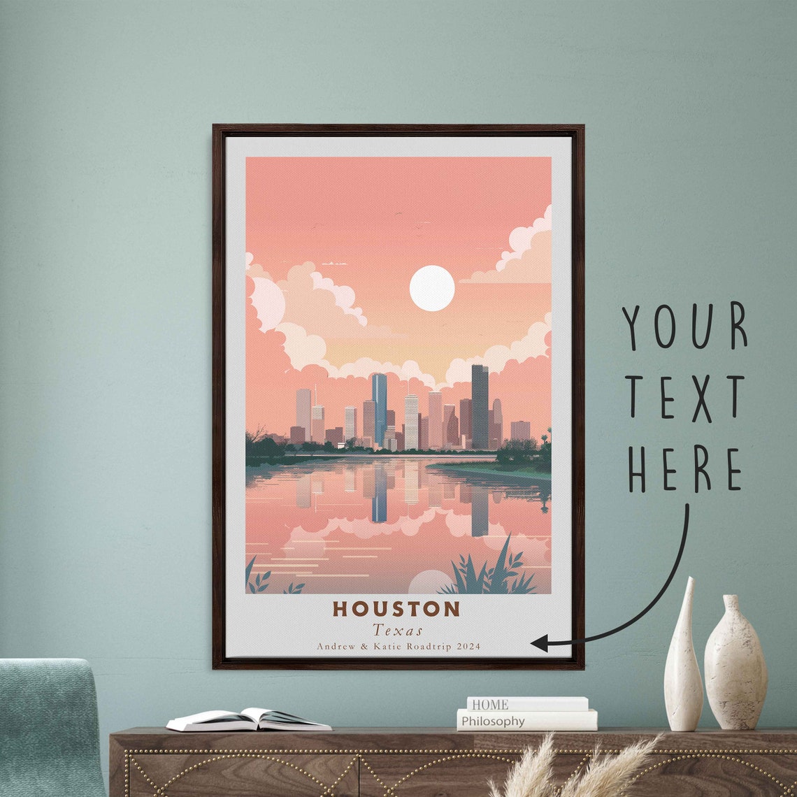 Houston Texas Skyline Lake Reflection Pink Clouds Travel Poster - Image 3