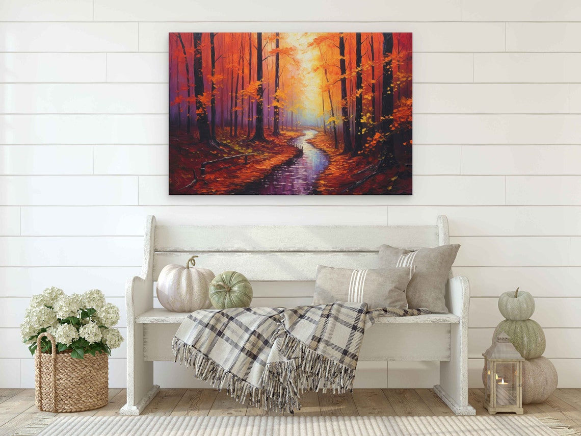 Autumn Forest Stream Red Orange Foliage Sunlight Oil Painting Poster - Image 2