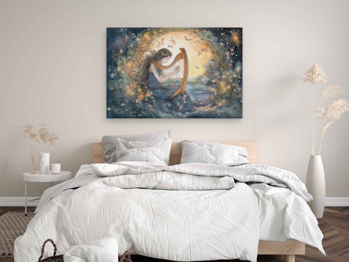 Watercolor Enchanted Fairy Playing Harp Art Print - Image 3