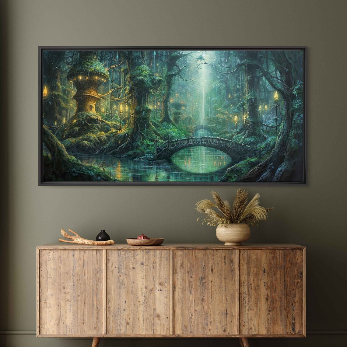 Enchanted Lantern-Lit Forest Village, Fantasy Art Print - Image 2