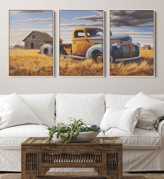 Rustic Farmland Vintage Truck Tryptych Wall Art Print Old Farmhouse Worn Down Barn Ready To Hang