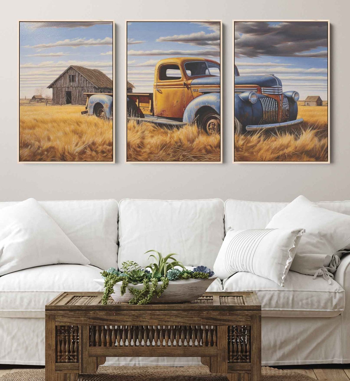 Vintage Pickup Truck Golden Wheat Field Old Barn Triptych Art Print
