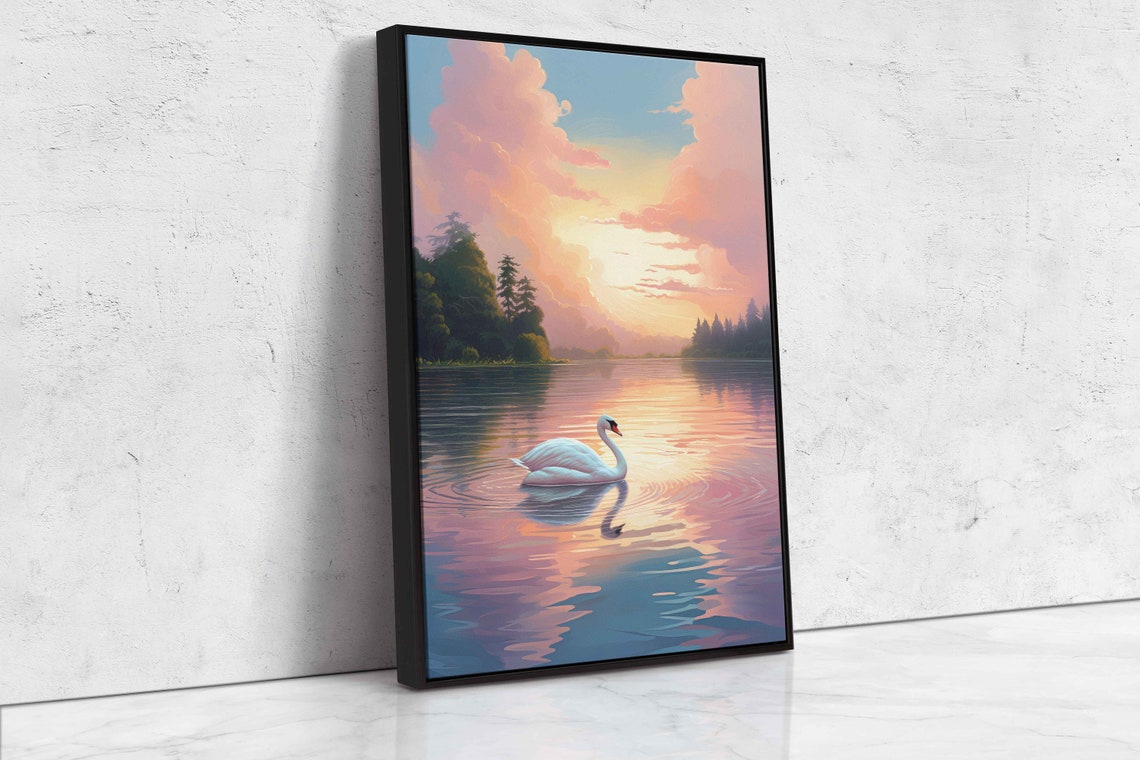 Graceful Serene White Swan Lake Sunset Pink Sky Reflection Poster - Image 4