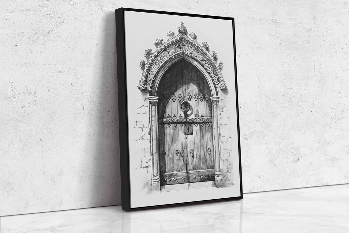 Ornate Gothic Castle Door Ink Sketch With Carved Stone Archway Medieval Art Poster - Image 4