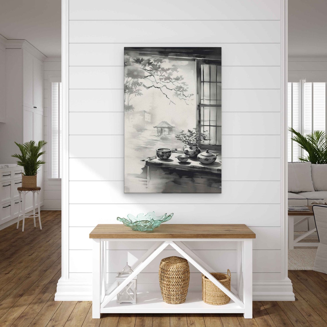 Japanese Ink Tea Set Window View Misty Garden Sumi-e Art Poster - Image 3