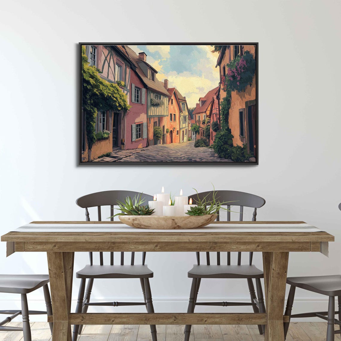 Quaint European Village Wall Art Print Cobblestone Streets Pastel Buildings Nostalgic Sky - Image 3