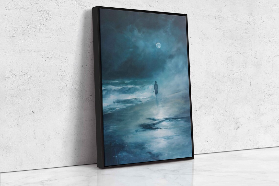 Lone Ghostly Figure On Moonlit Beach Foggy Night Ocean Wall Art - Image 4