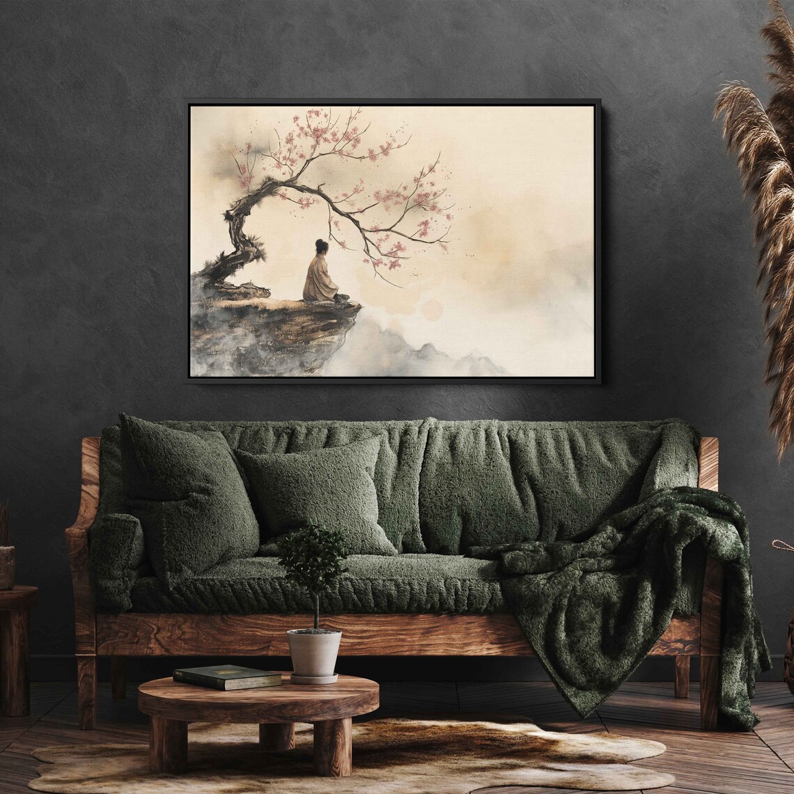 Japanese Zen Meditation Cherry Blossom Tree Cliff Misty Ink Painting Poster - Image 3