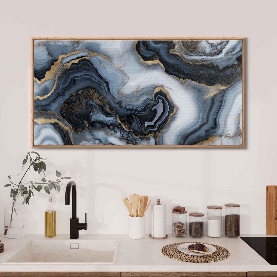 Blue Black Gold Abstract Agate Marble Swirls Modern Acrylic Poster