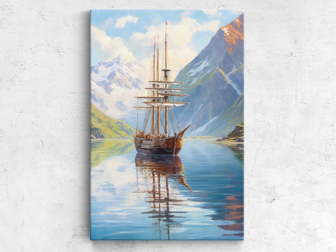 Tall Ship Sailing Mountain Fjord Calm Blue Water Reflection Wall Art Poster
