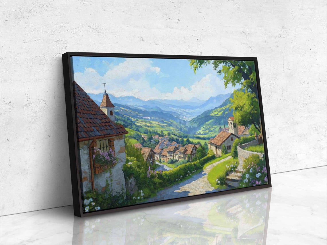 Vintage European Village Hillside Church Cobblestone Street Poster - Image 4