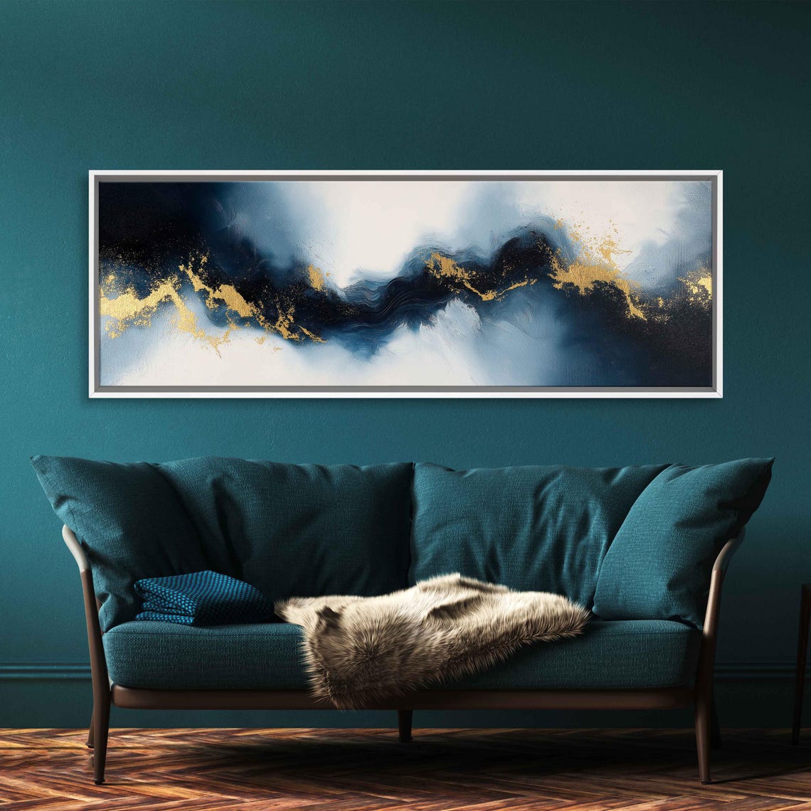 Midnight Blue Black Abstract Gold Streak Modern Acrylic Art Poster