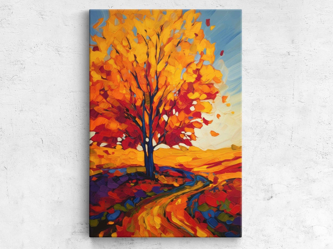 Autumn Tree Palette Knife Painting Fiery Orange Fall Road Art Poster