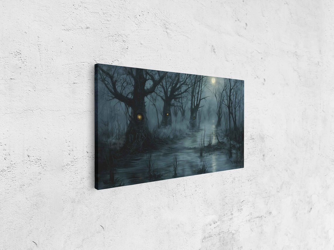 Misty Swamp With Glowing Eyes Foggy Night Haunted Landscape Poster - Image 4