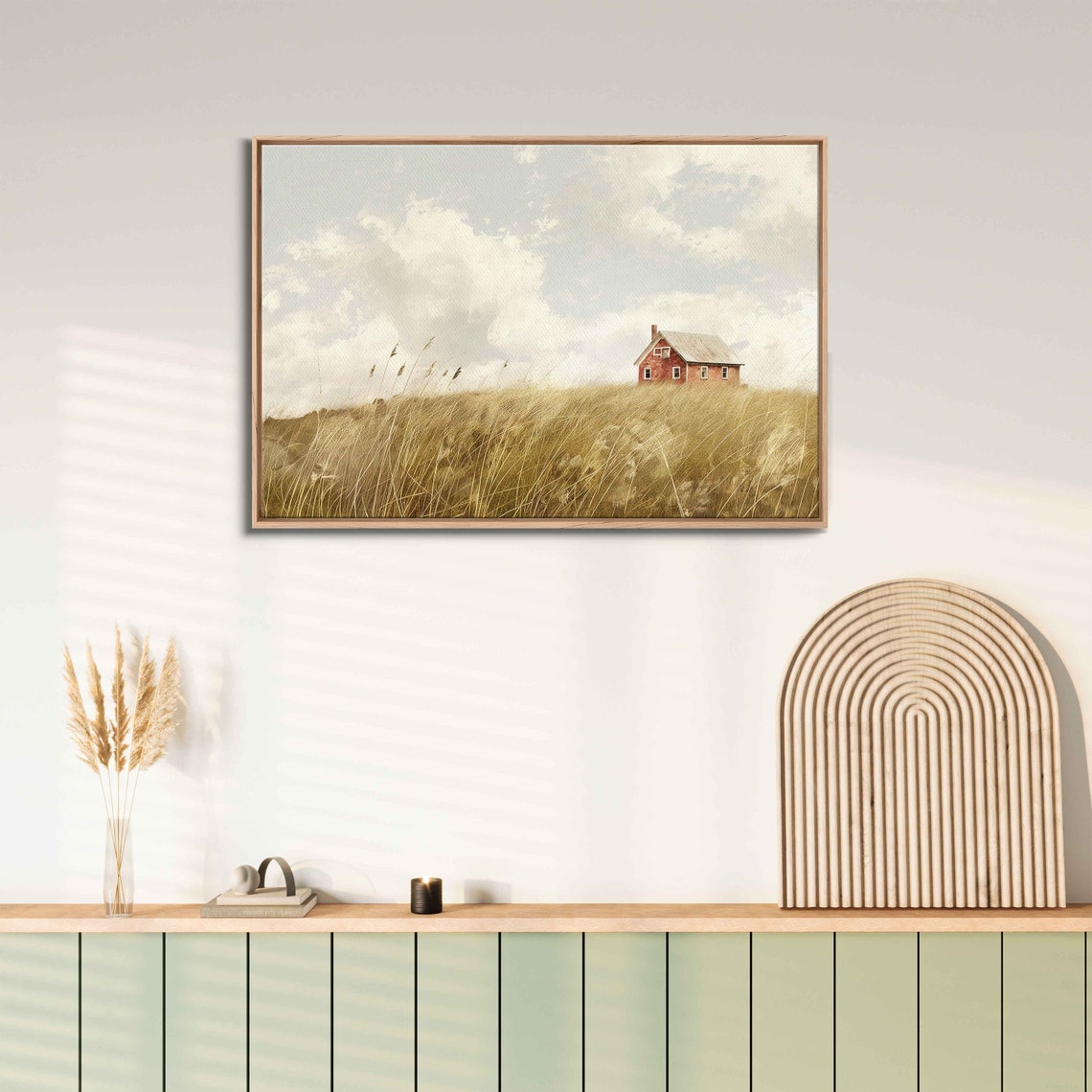 Distant Red Barn Wheat Field Hill Cloudy Sky Minimalist Farm Art