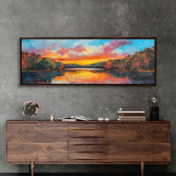 Breathtaking Spring Landscape Sunset Wall Art Print Fiery Colors Peaceful Lake Blooming Trees