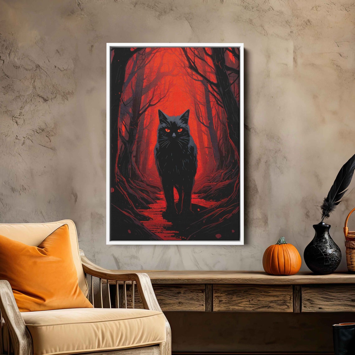 Black Cat Red Eyes In Blood Red Moonlit Forest Halloween Art Poster - Image 3