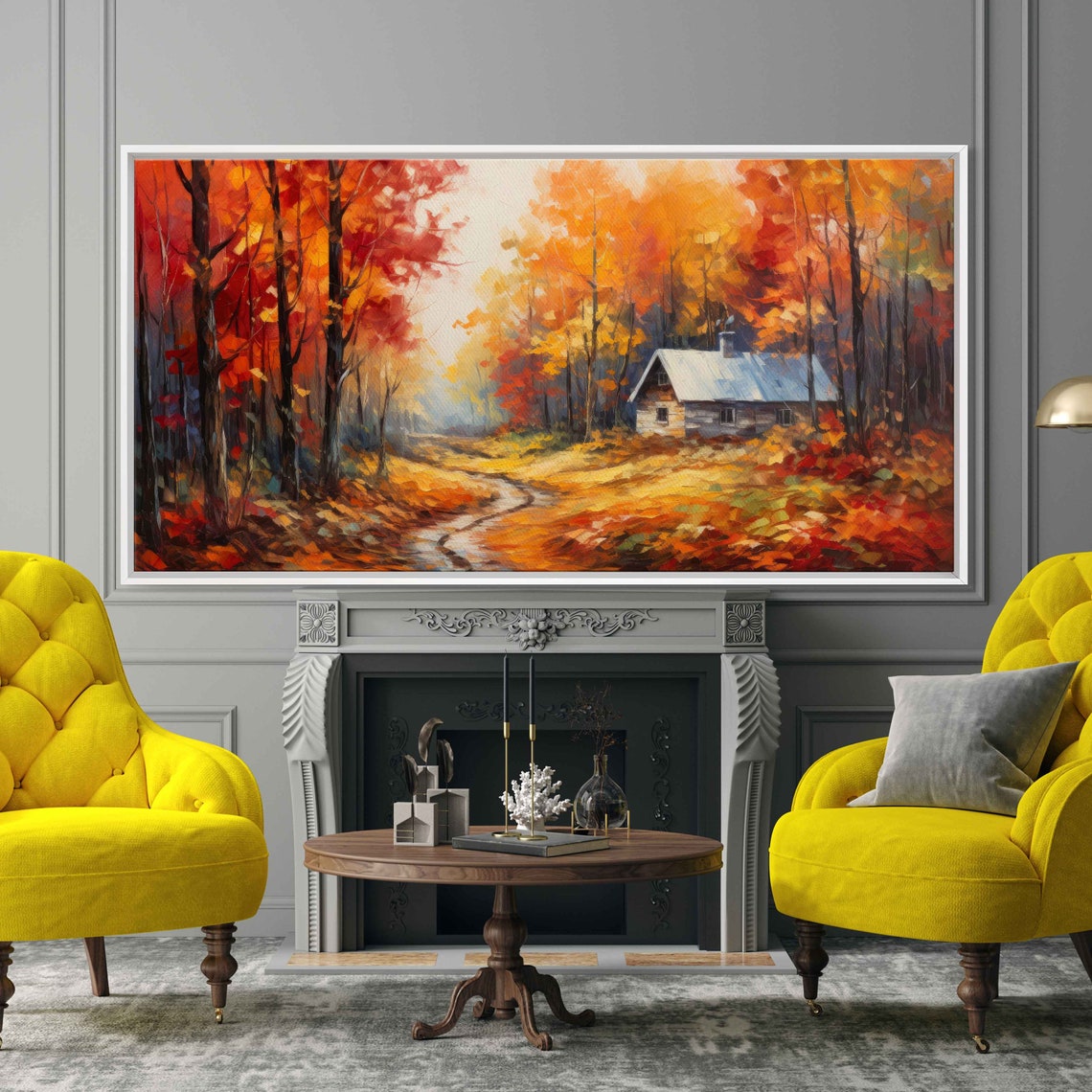 Autumn Cabin In Woods Blazing Fall Foliage Forest Path Art Poster - Image 2