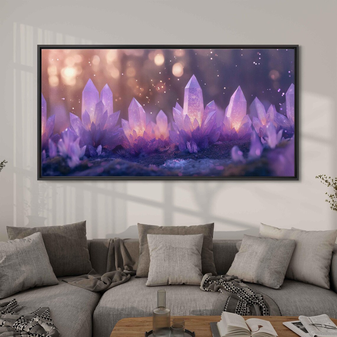 Violet Crystals Glowing In Night Forest Warm Bokeh Lights Fantasy Print