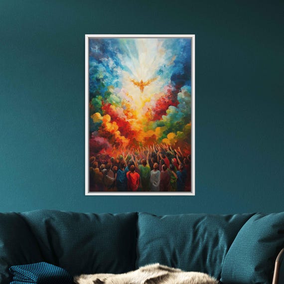 The Ascension Wall Art Print Emotive Oil Painting Vibrant Clouds Rays Of Light