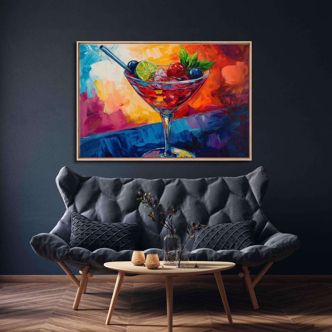 Berry Cocktail Martini Glass Painting Fiery Orange Blue Vibrant Drink Art Poster