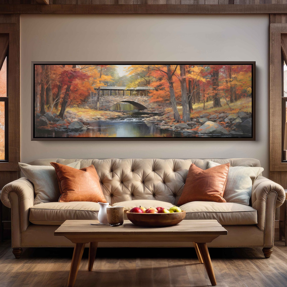 Rustic Covered Wilderness Bridge Panoramic Wall Art Print Forest Stream Fall Tree Colors Ready To Hang