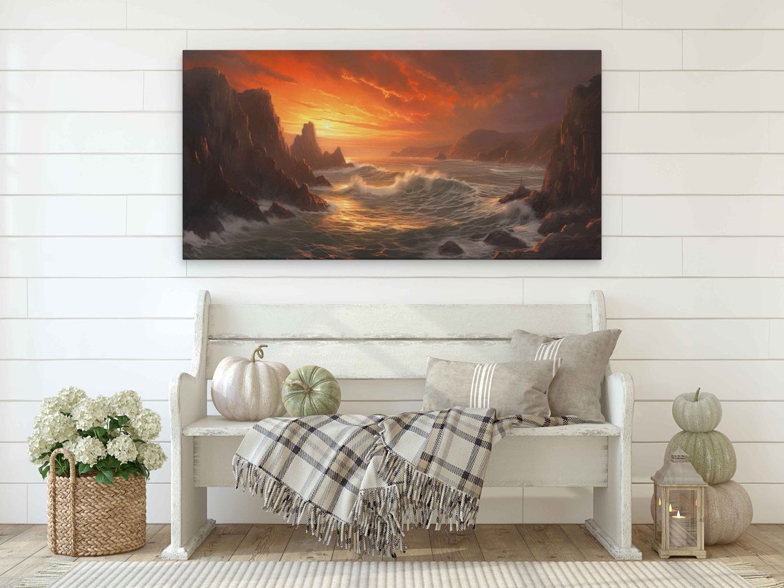 Golden Sunset Waves Breaking Between Rocky Cliffs Seascape Art Poster - Image 2