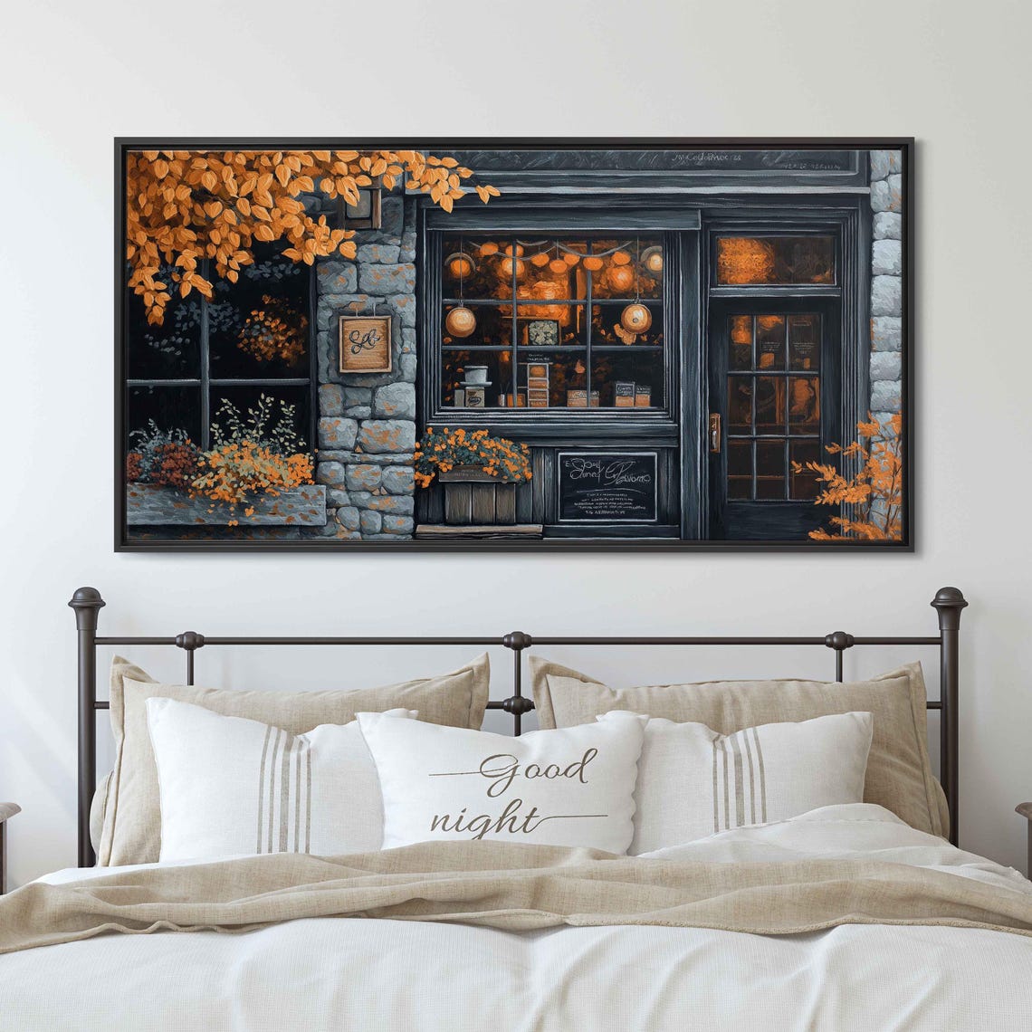 Stone Coffee Shop Night Window Glowing Pumpkins Autumn Leaves Poster