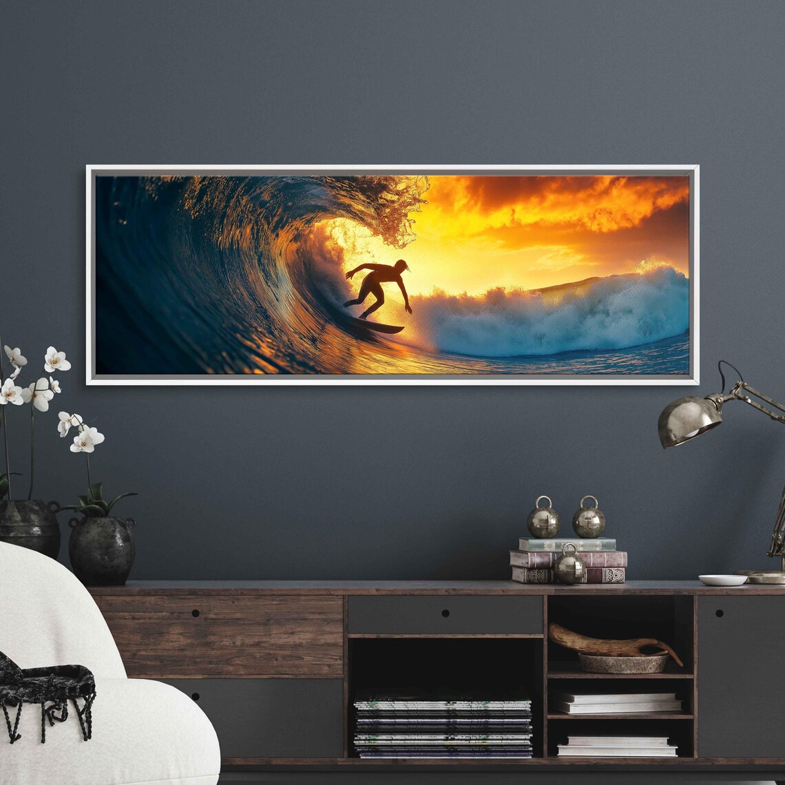 Surfer Silhouette Golden Sunset Wave Barrel Dramatic Surf Sports Print