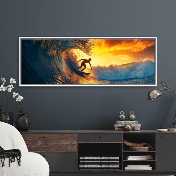 Surfer Catching Wave At Sunset Wall Art Print Neon Sunset Gift For Surfer Blue Water Ready To Hang