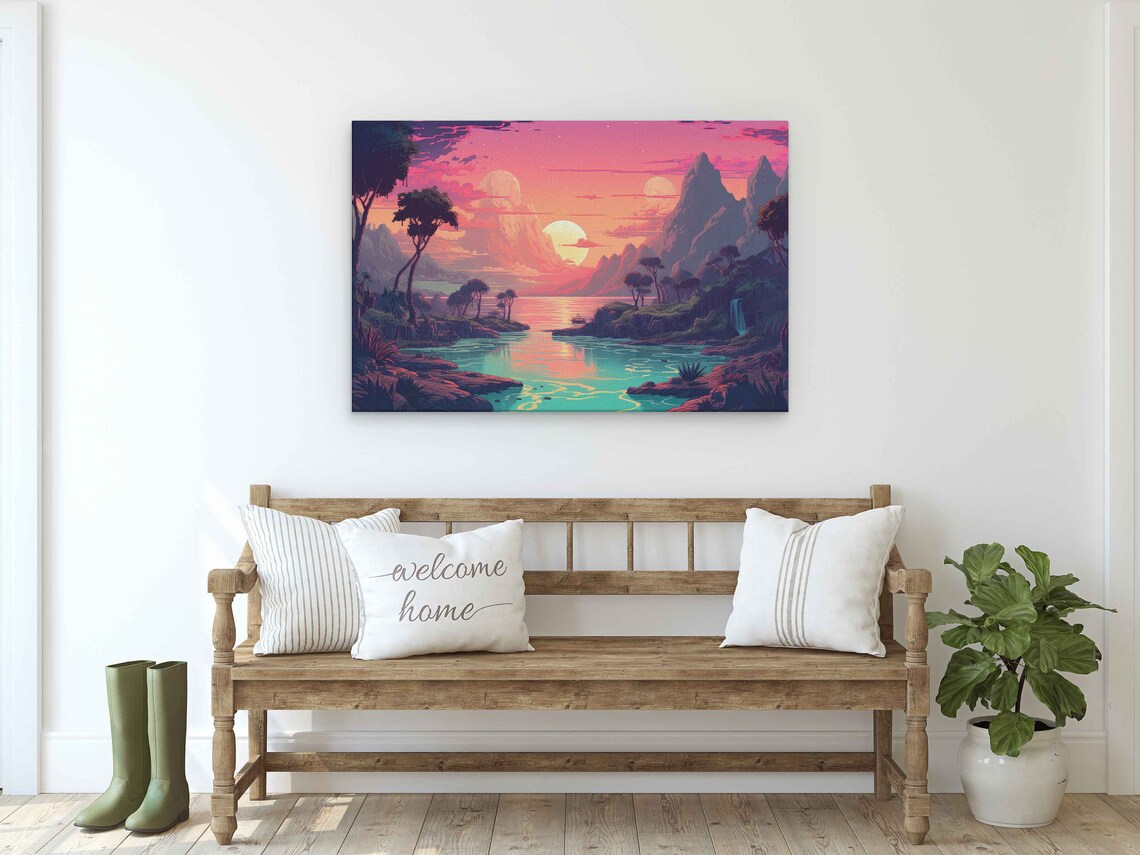 Neon Pastel Tropical Paradise Waterfalls Twin Moons Fantasy Art Print - Image 2