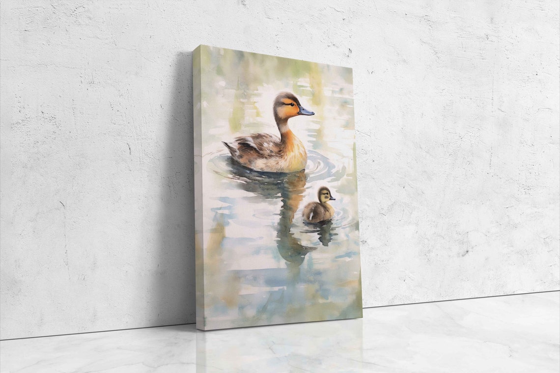 Mama Duck and Duckling Closeup Watercolor Soft Pond Wildlife Poster - Image 4
