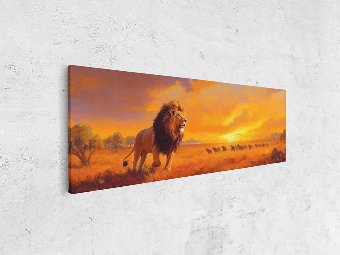 Majestic Lion Roaring Sunset Savanna Elephant Herd Panoramic Art Poster - Image 4