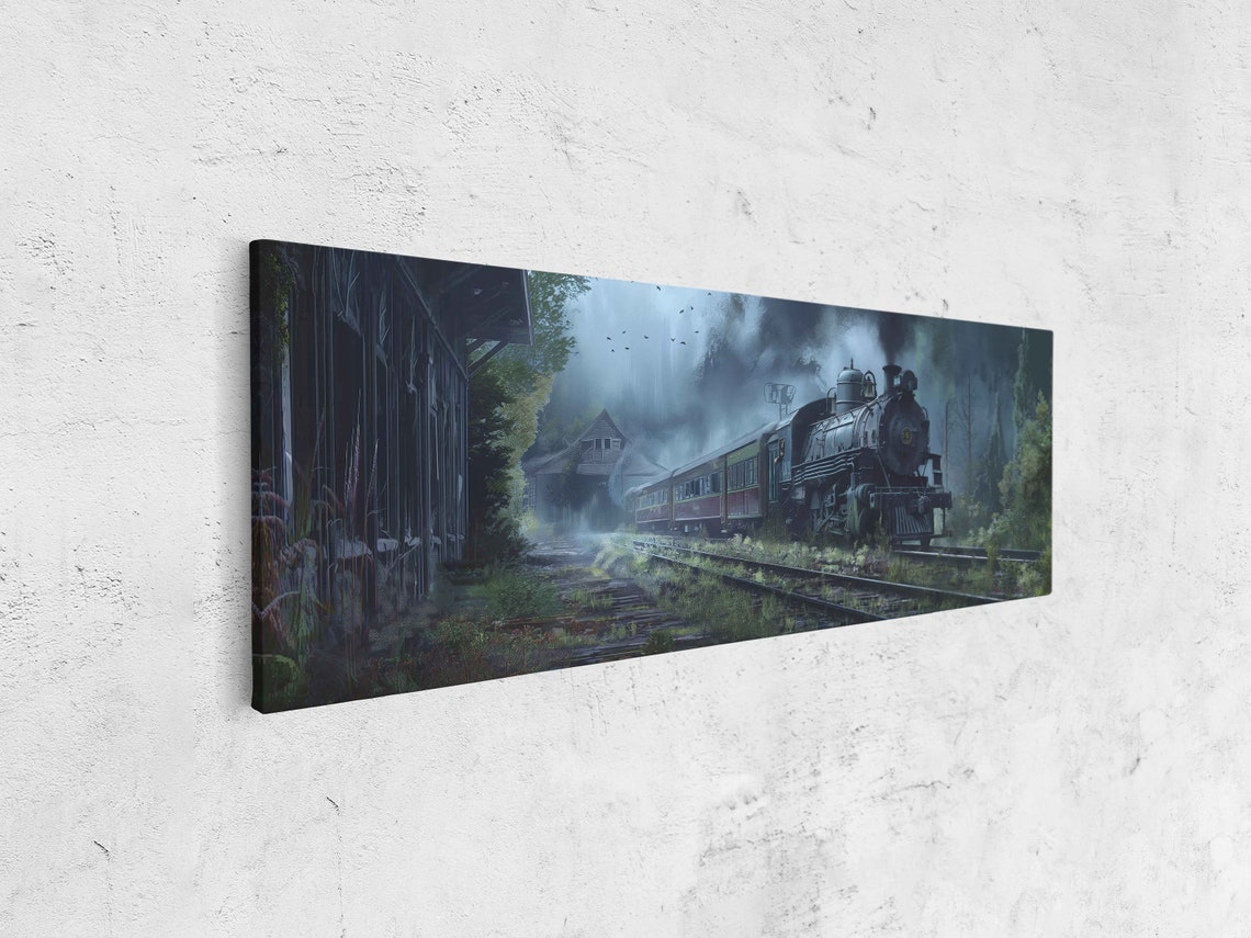 Spooky Old Train Station Steam Engine Arrival Misty Night Wall Art - Image 4