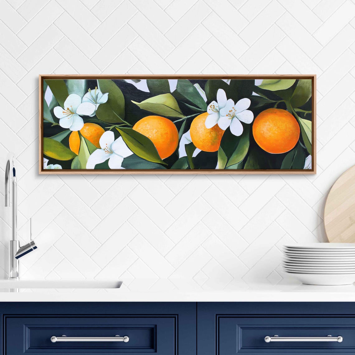 Juicy Oranges Blossoms Dark Background Moody Citrus Kitchen Wall Art