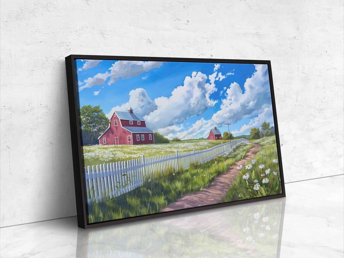 Red Barn White Picket Fence Wildflower Path Cloudy Blue Sky Painting - Image 4