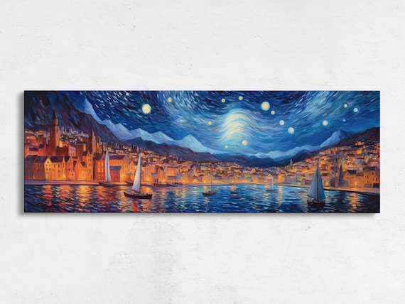 Van Gogh-Inspired Starry Night Coastal Town Art Print