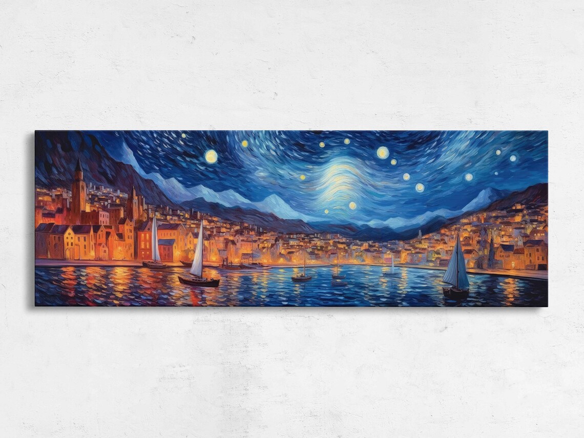 Van Gogh-Inspired Starry Night Coastal Town Art Print