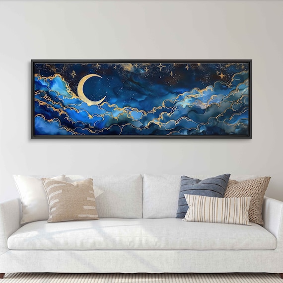 Crescent Moon Night Sky Art Print, Colorful Clouds