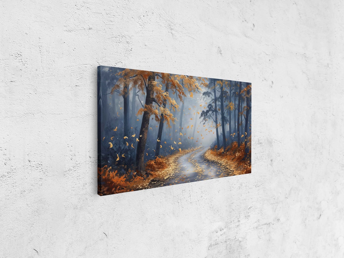 Misty Forest Road With Falling Golden Leaves Autumn Painting Poster - Image 4