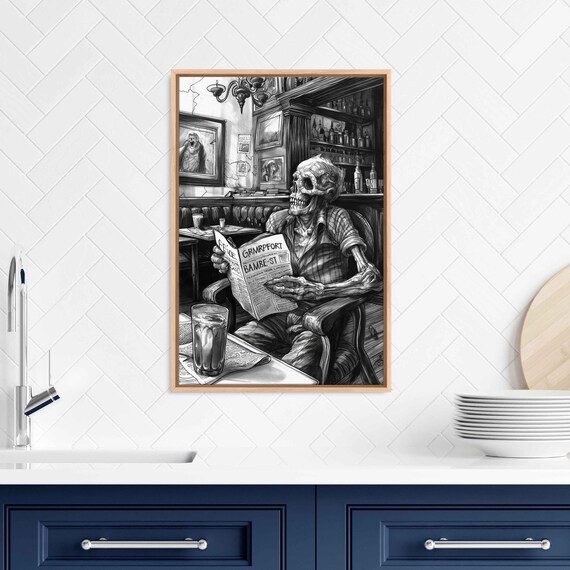 Skeleton Reading Newspaper At Cafe Table With Drink Funny Ink Art Poster