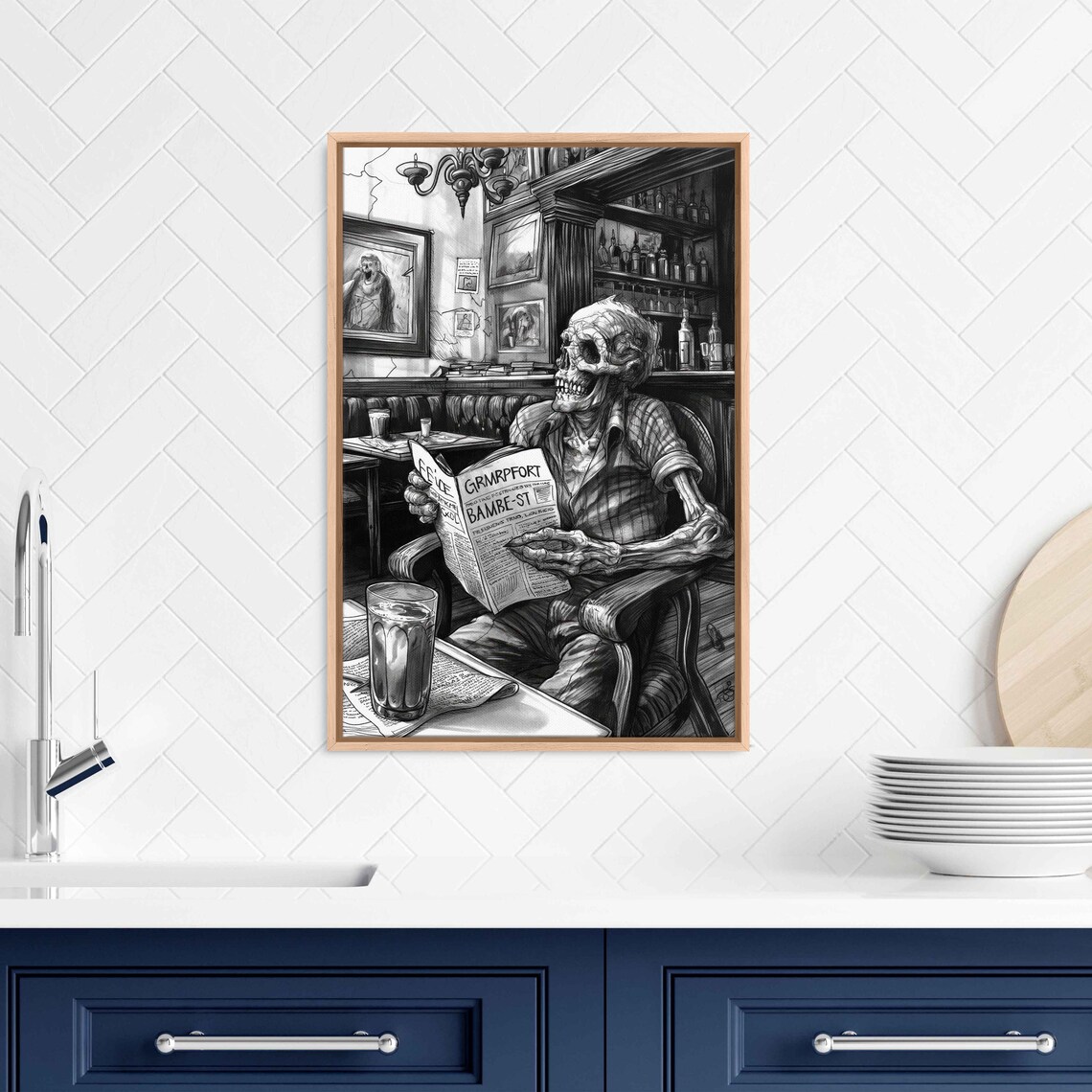 Skeleton Reading Newspaper At Cafe Table With Drink Funny Ink Art Poster