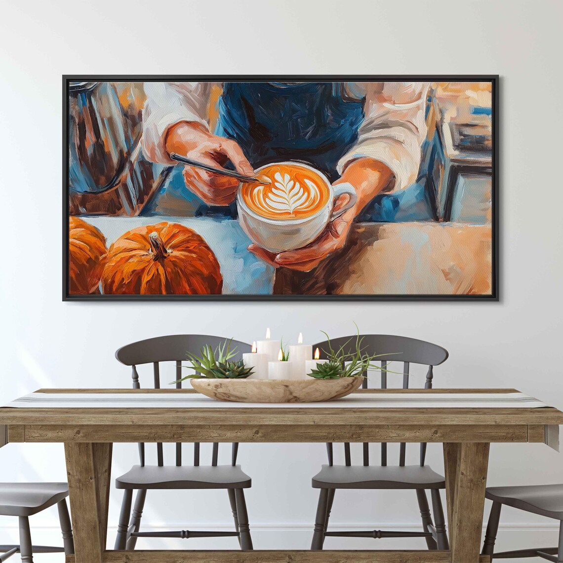 Barista Holding Pumpkin Latte With Leaf Latte Art Impressionistic Coffee Painting - Image 3