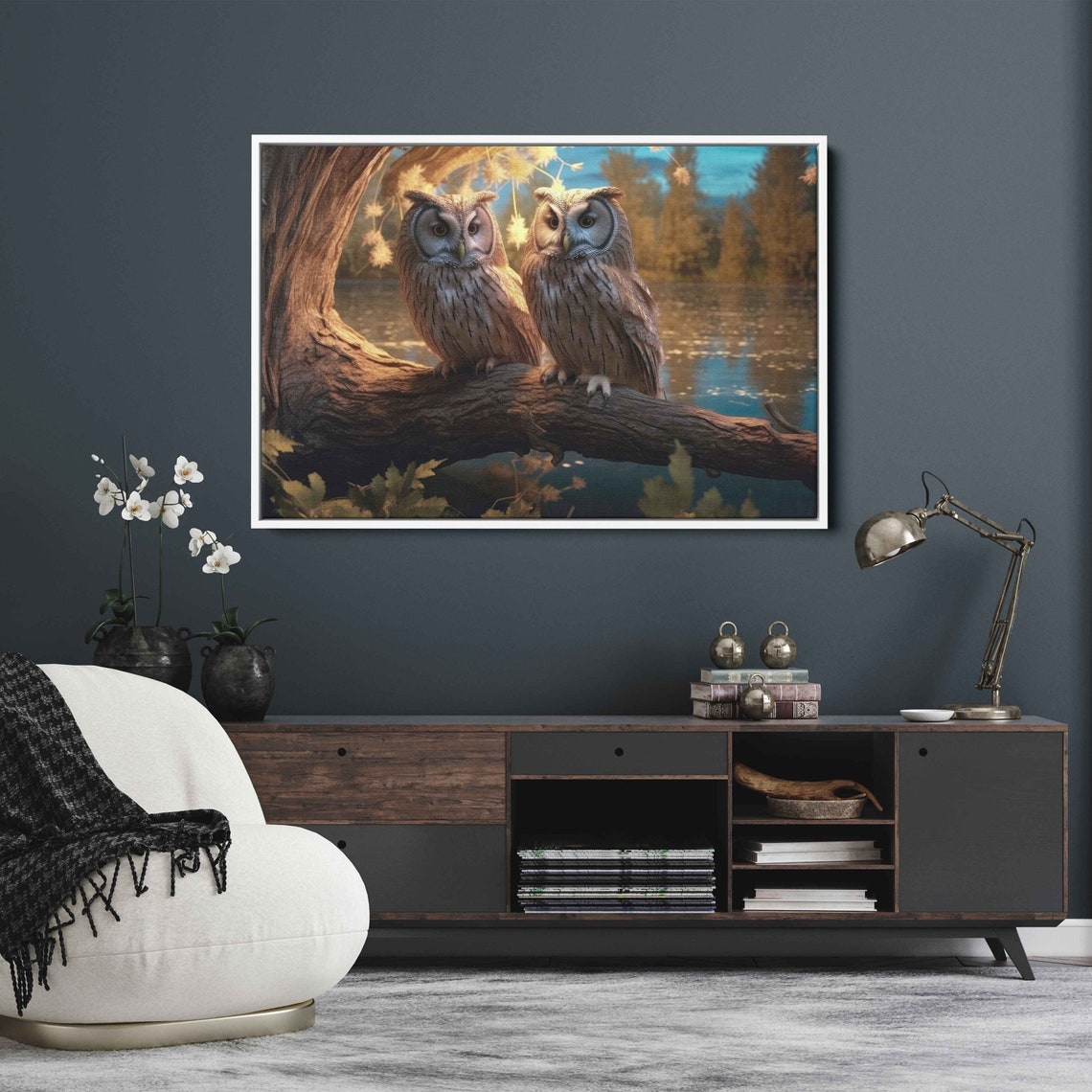 Two Whimsical Owls Perched On Branch By The Lake At Dusk Art Print - Image 3