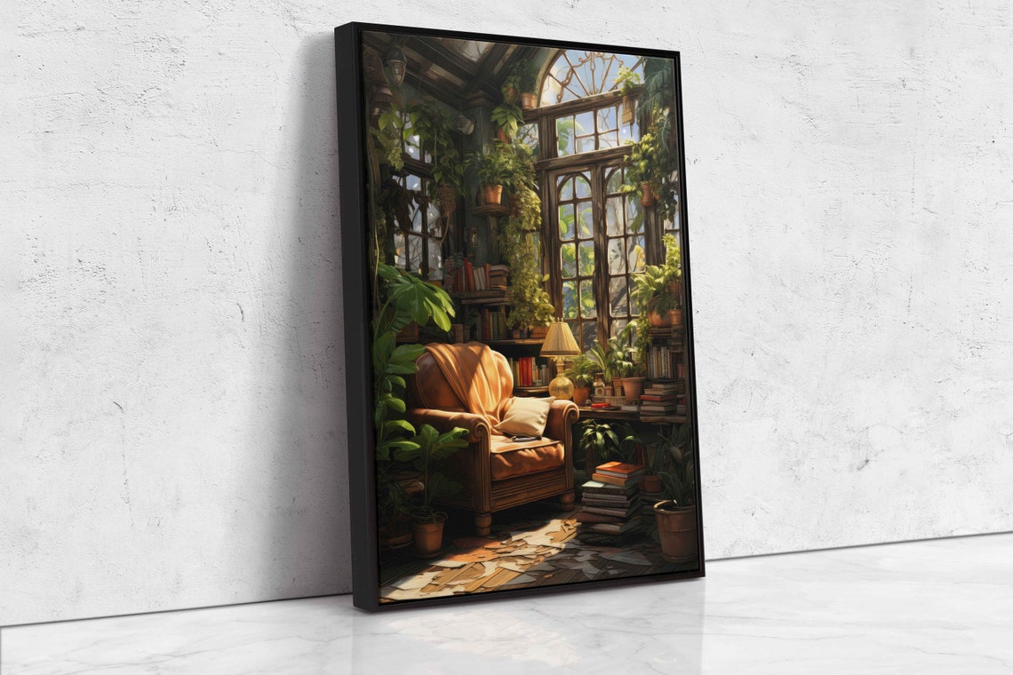 Sunroom Book Nook Leather Chair Plants Reading Corner Book Lover Print - Image 4