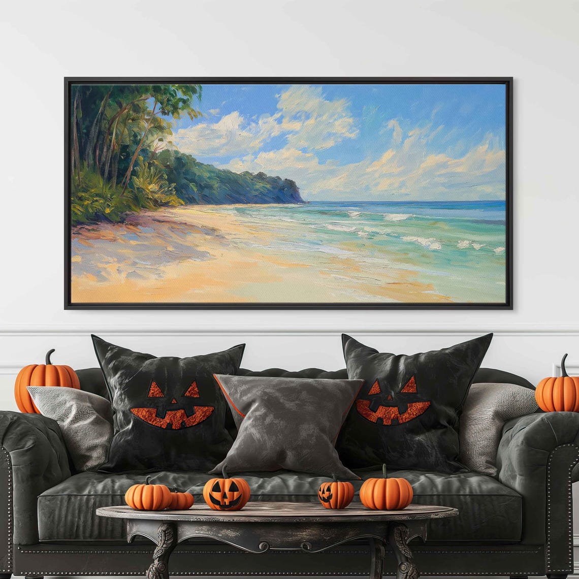 Tropical Sandy Beach Turquoise Waves Palm Trees Oil Painting Poster - Image 3