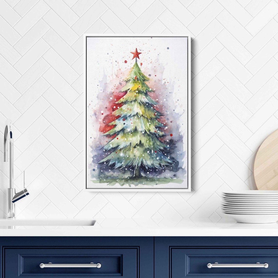 Festive Green Christmas Tree Watercolor Red Star Splash Art Poster - Image 3