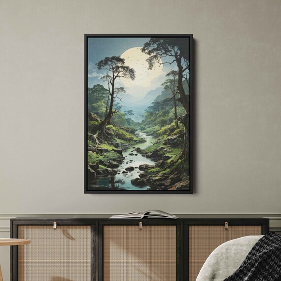 Sunlit Forest Stream Tranquil Nature Painting Framed Print Ready To Hang